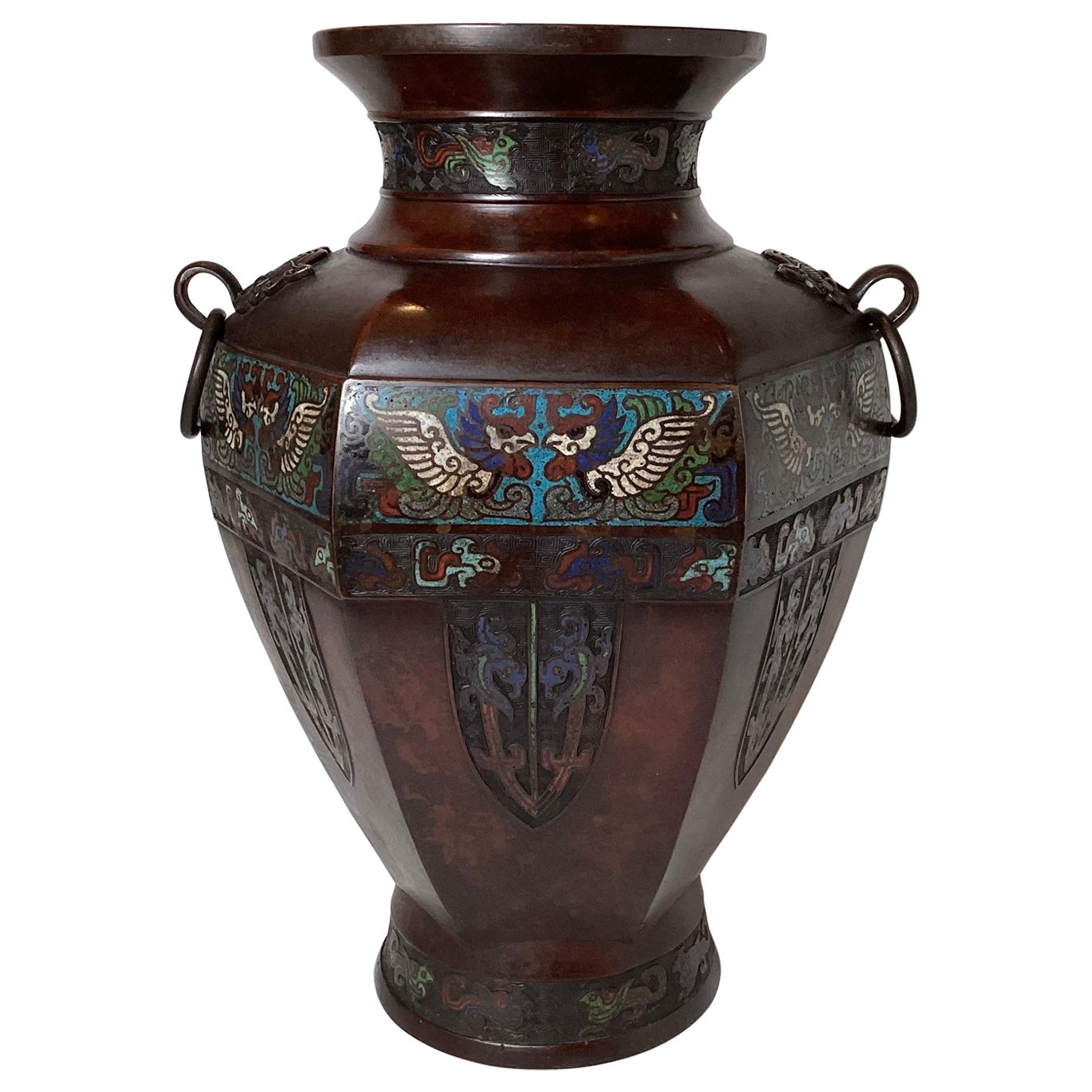 Circa 1900 Japanese Bronze Champleve Enamel Large Vase For Sale