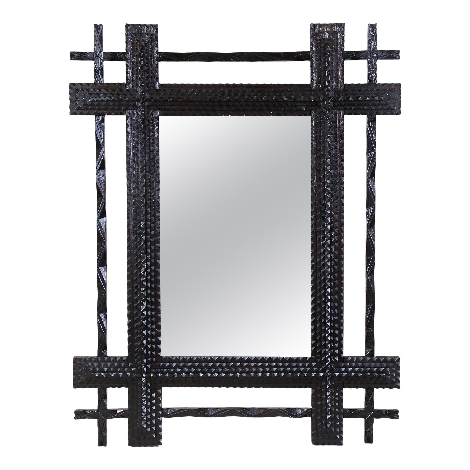 Rustic Tramp Art Mirror with Double Frame, Notch Cut Carved, Austria, ca. 1880