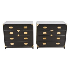 Retro Michael Taylor for Baker Hollywood Regency Black Lacquered Campaign Chests, Pair