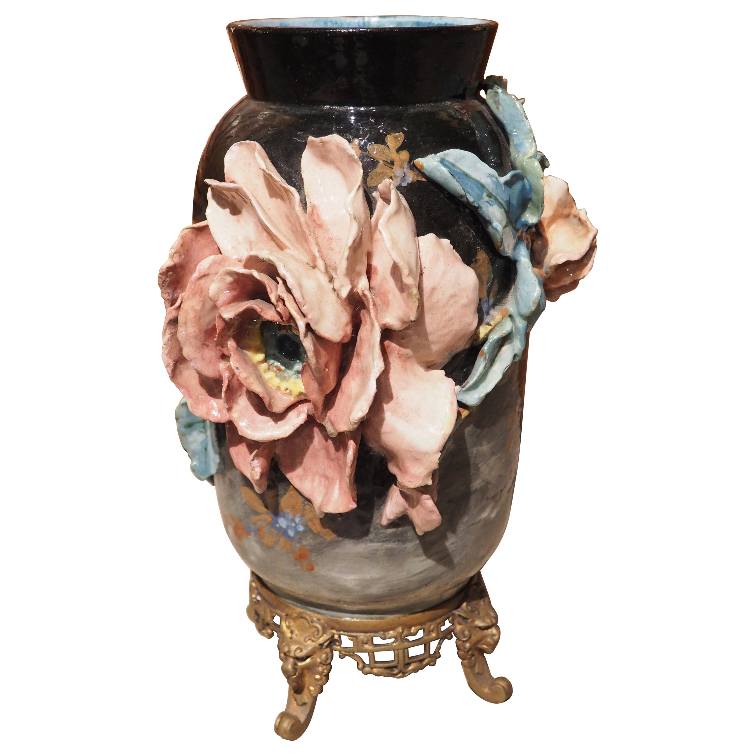 Französische Barbotine-Vase aus Gros Relief des 19. Jahrhunderts von Edouard Gilles