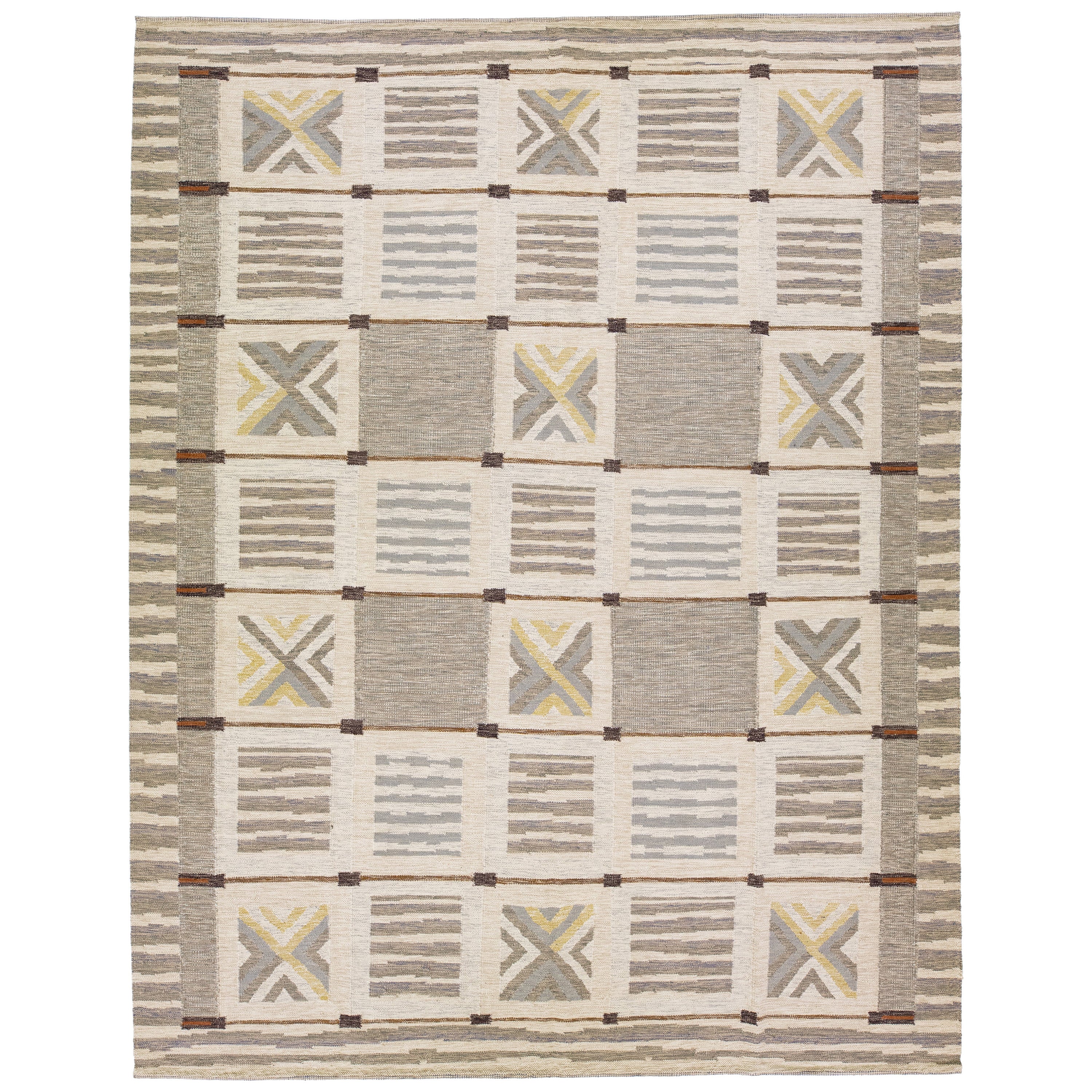 Modern Geometric Swedish Style Handmade Beige and Green Custom Wool Rug ...