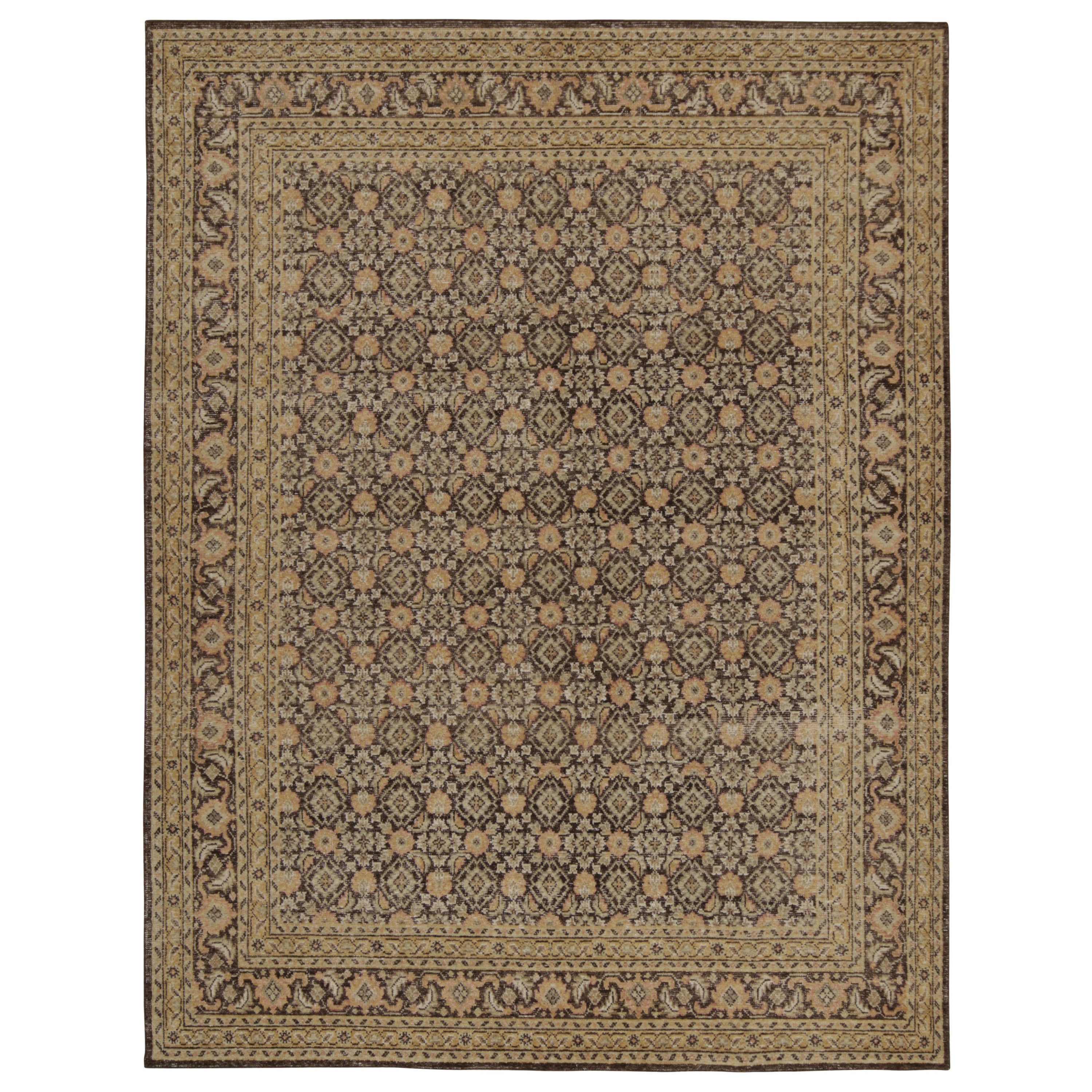 Rug & Kilim’s Distressed Persian Style Rug in Brown and Gold Floral Patterns For Sale