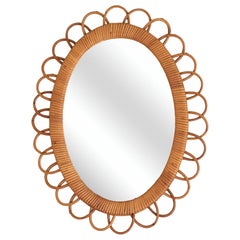 1960's Small Italian Oval Rattan Mirror