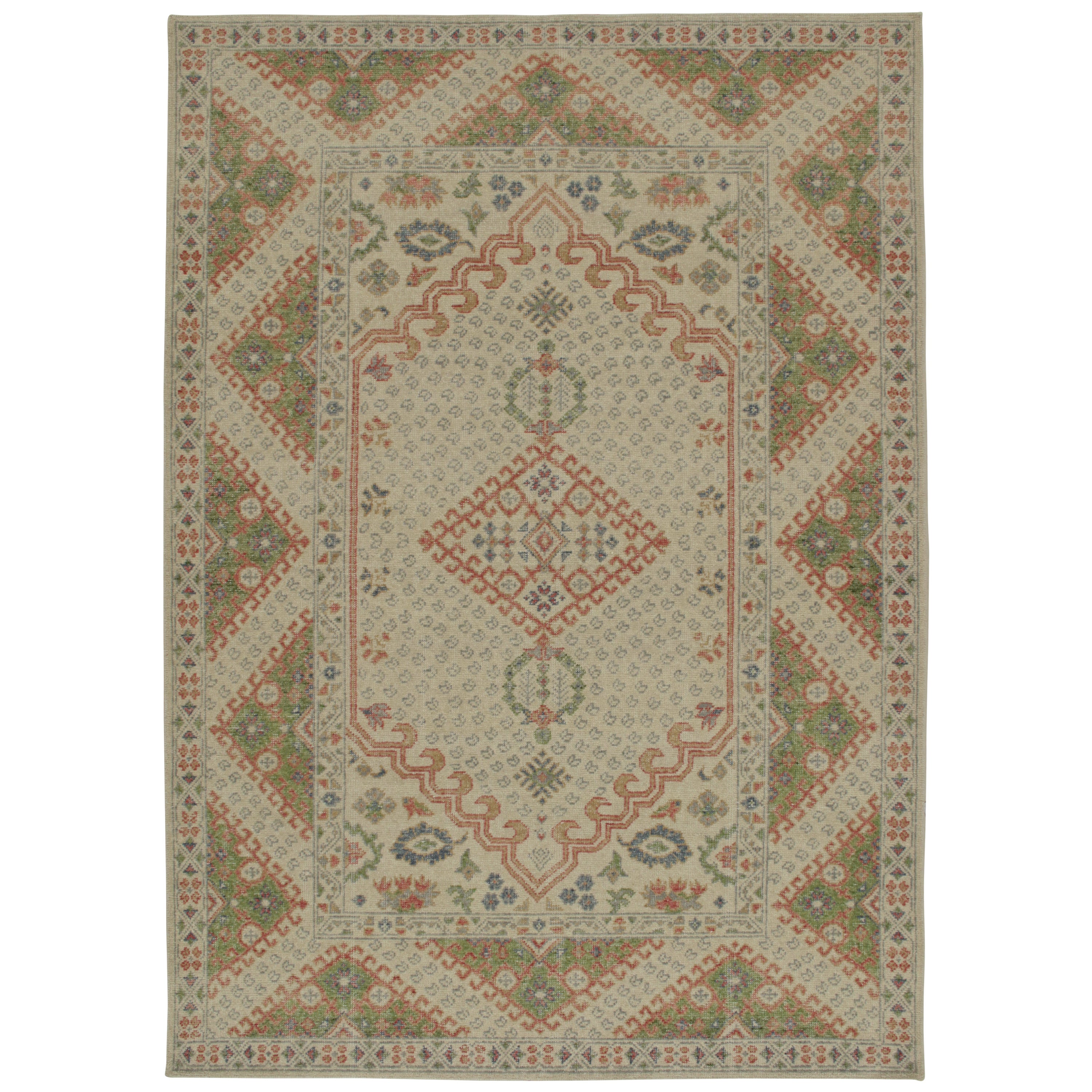 Rug & Kilim’s Distressed Ghiordes Style Rug in Beige with Green & Red Medallion