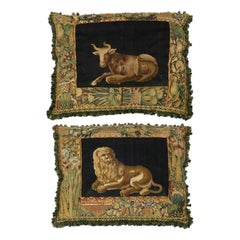 Pair of Large Antique 18th Century Brussels Pillows with Animals Lion and Bull