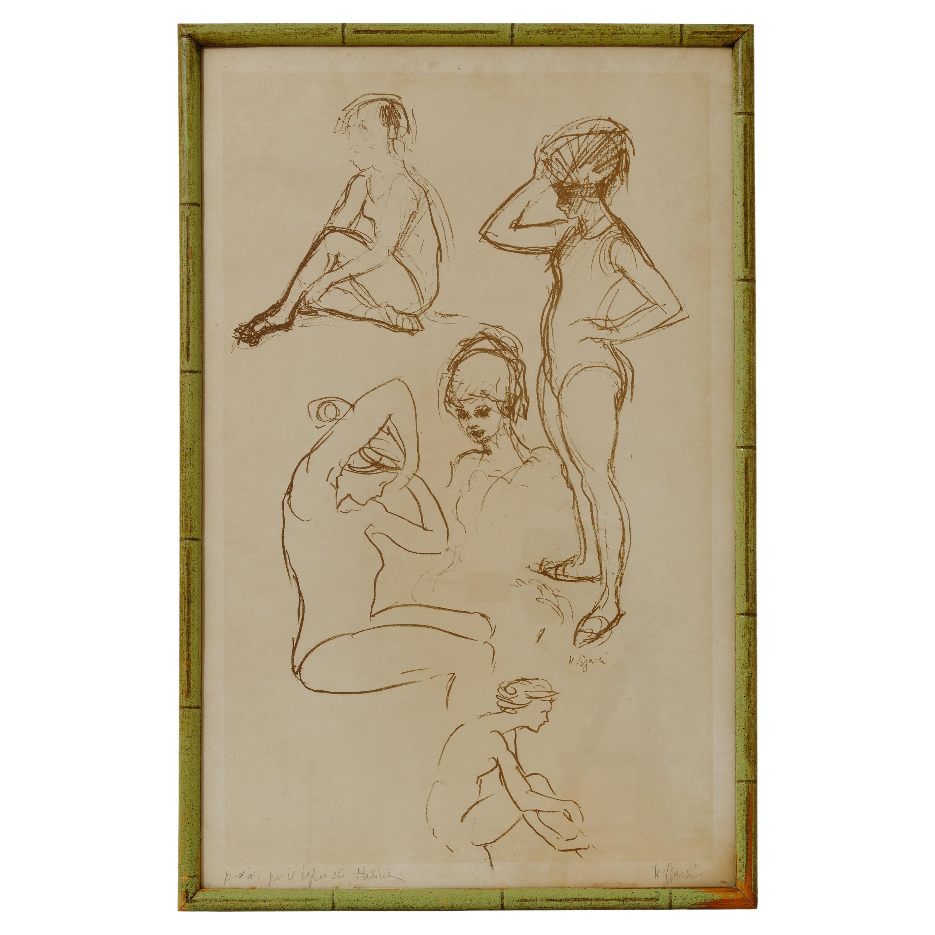 Painting, Drawing of Dancers, circa 1950, Framed, Italy, Signed H. Sjardi For Sale