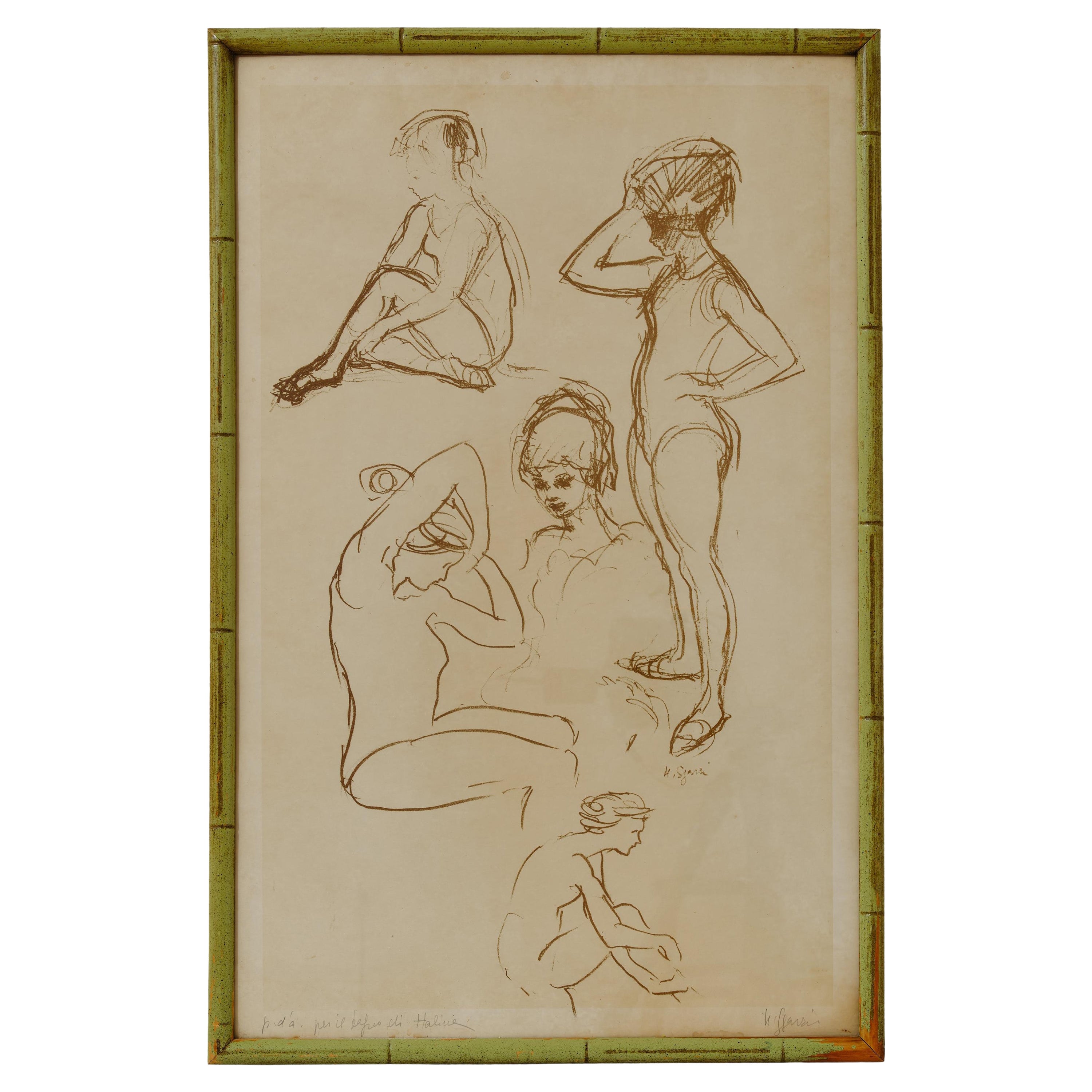 Peinture, dessin d'une danseuse, encadrée, signée H. Sjardi, Italie, vintage, C 1950