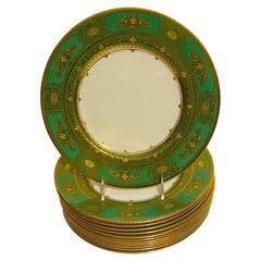 12 Tiffany Green & Gold Encrusted Dinner Plates, Vintage Circa 1950's by Minton