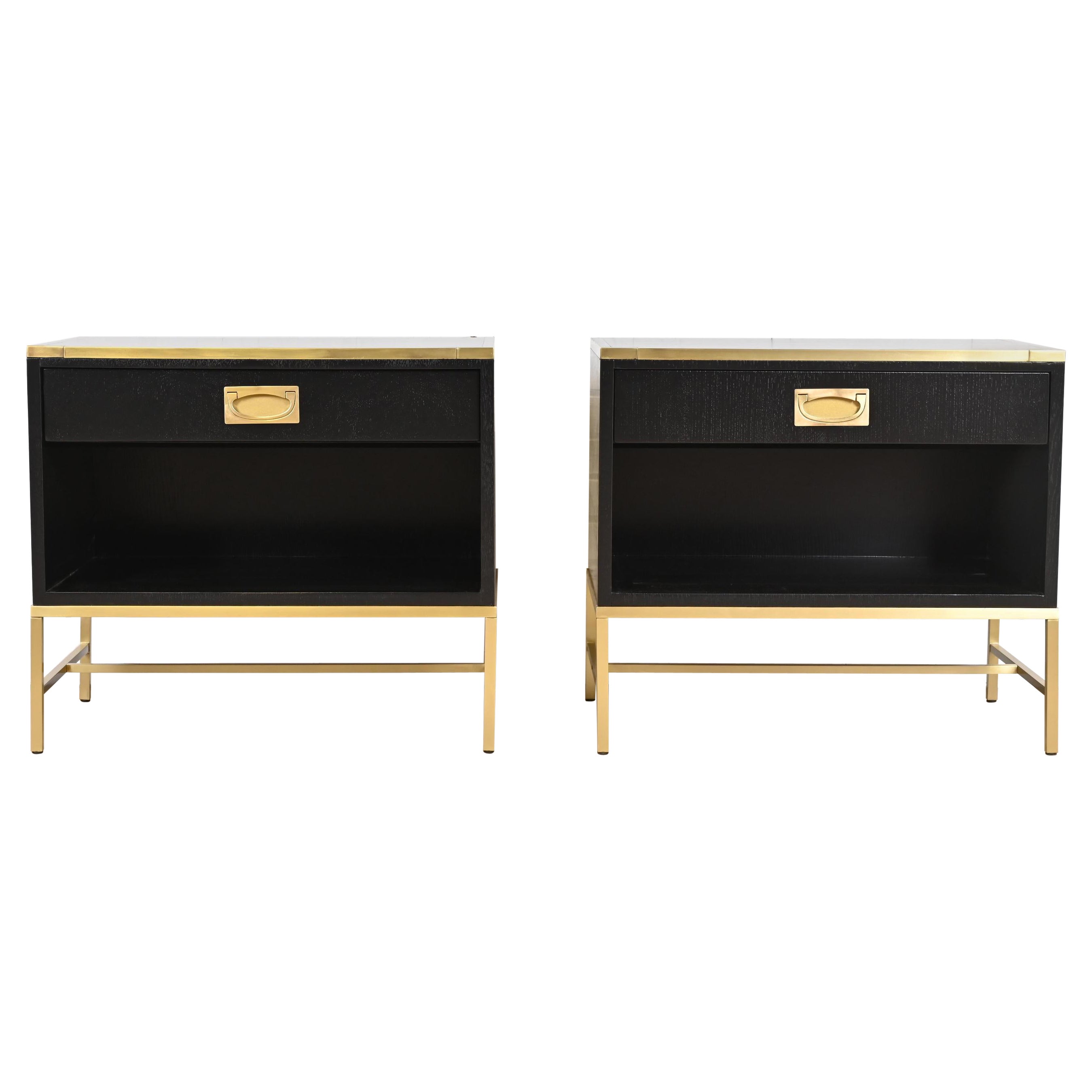 Thomas Pheasant for Baker Campaign Black Lacquer and Brass Nightstands, Pair