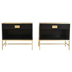 Thomas Pheasant for Baker Campaign Black Lacquer and Brass Nightstands, Pair