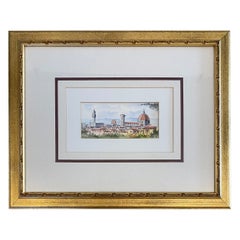Florence Italy Watercolor Painting View from Biboli Gardens, Gilt Wood Frame
