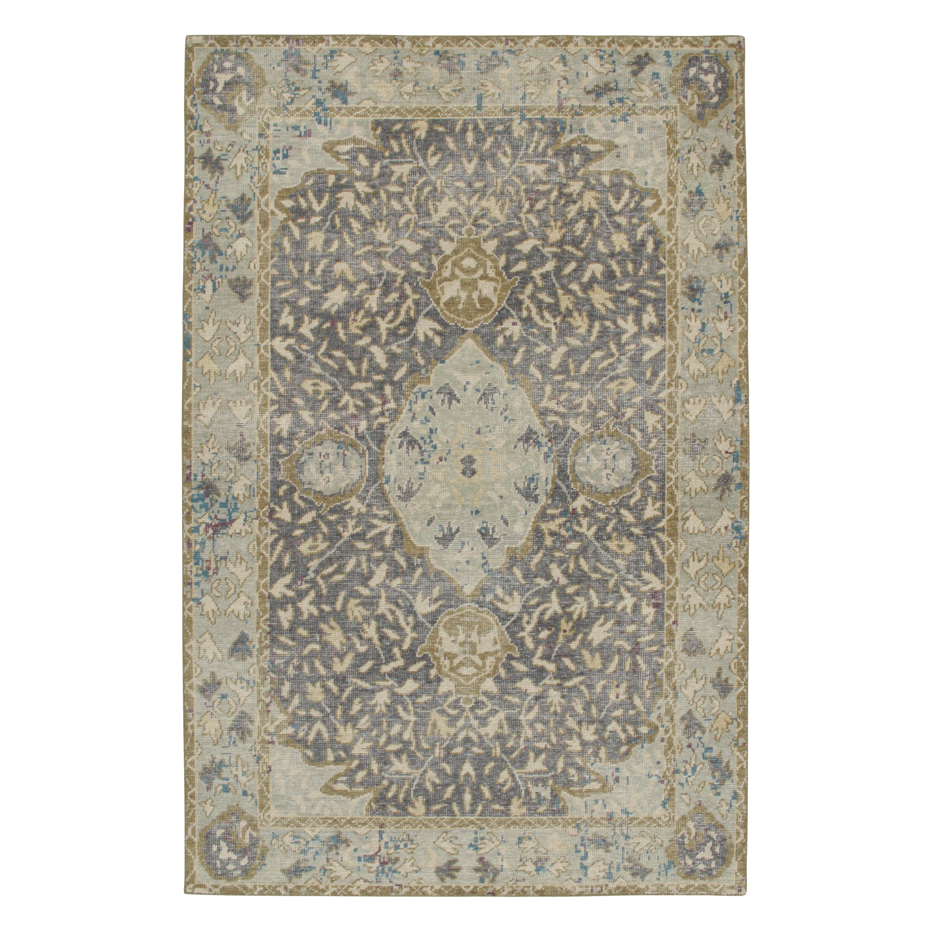 Rug & Kilim’s Distressed Classic Style Rug with Ice Blue Medallion Pattern For Sale