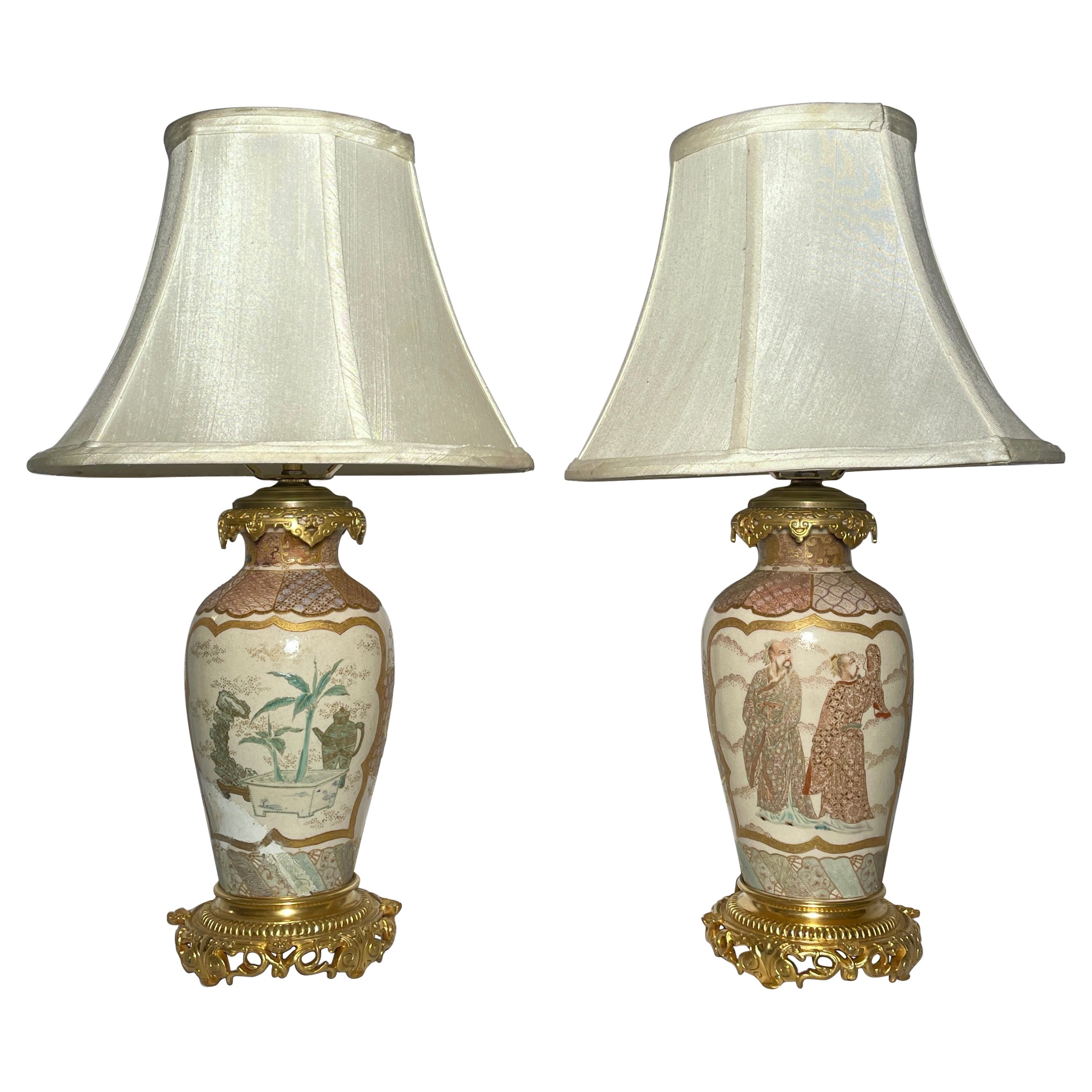 Pair Antique Japanese Satsuma Porcelain Lamps with Ormolu Mounts, Circa 1890 For Sale