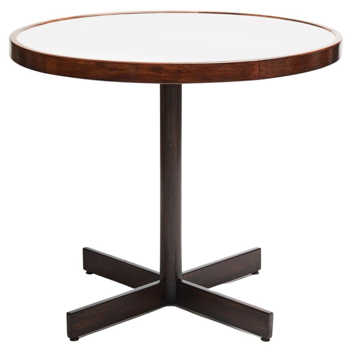Available today, this Midcentury Modern Cocktail/Breakfast Table in Hardwood & White top by Jorge Zalszupin for L’Atelier is gorgeous!

The table has an iron base, caviuna hardwood finishes and top in white Formica. The table has been refinished