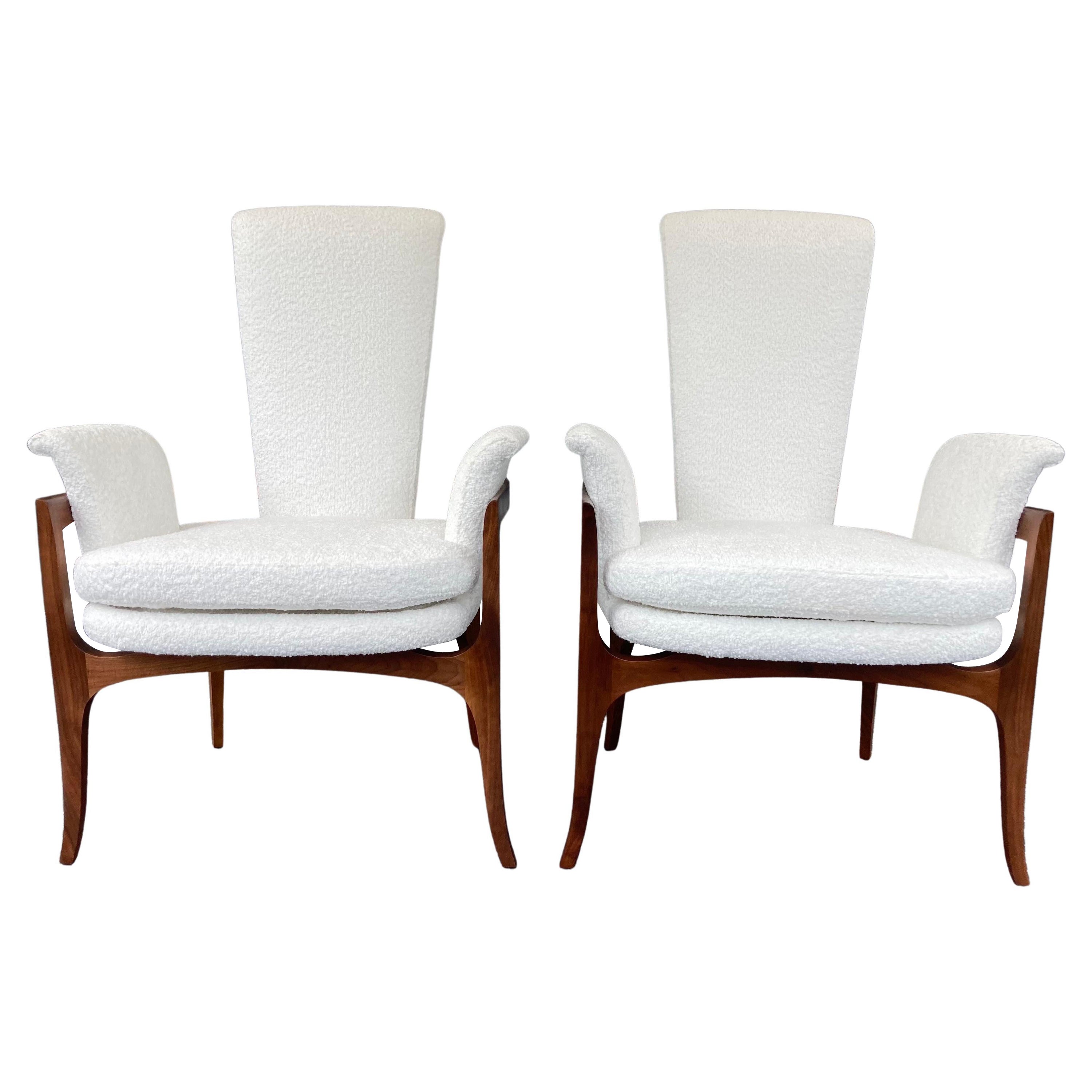 Sculptural Mid-Century Modern Lounge Chairs, Walnut and White Boucle Fabric For Sale