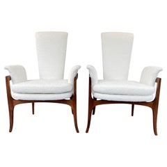Sculptural Mid-Century Modern Lounge Chairs, Walnut and White Boucle Fabric