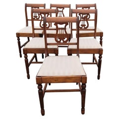 Set of Six 1930s Refinished Lyre-Back Mahogany and Upholstered Dining Chairs