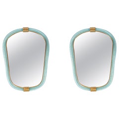 Paire de miroirs portraits en corde de Murano vert pâle/bleu