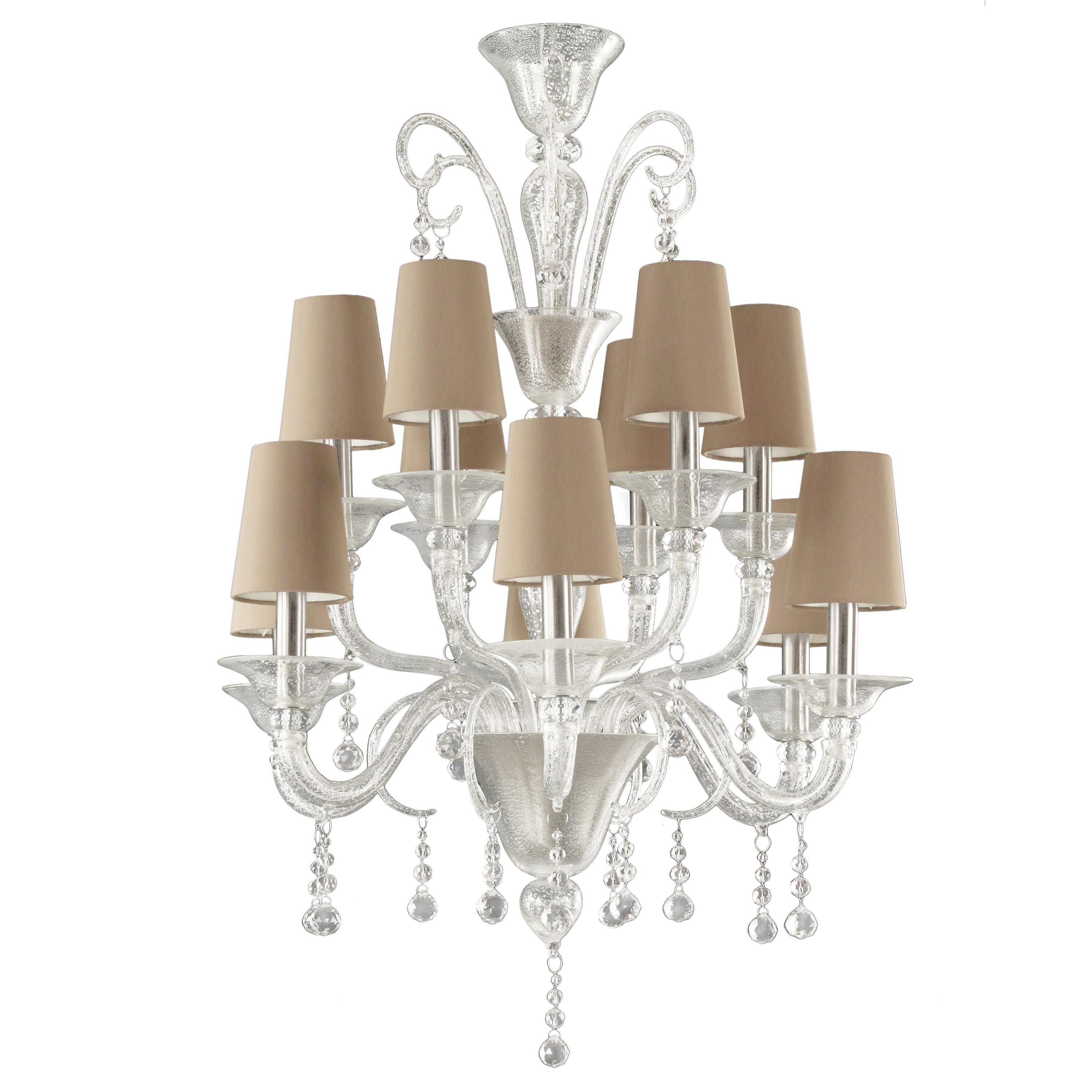 Luxury Chandelier 12 Arms Clear-silver Murano Glass and lampshades by Multiforme