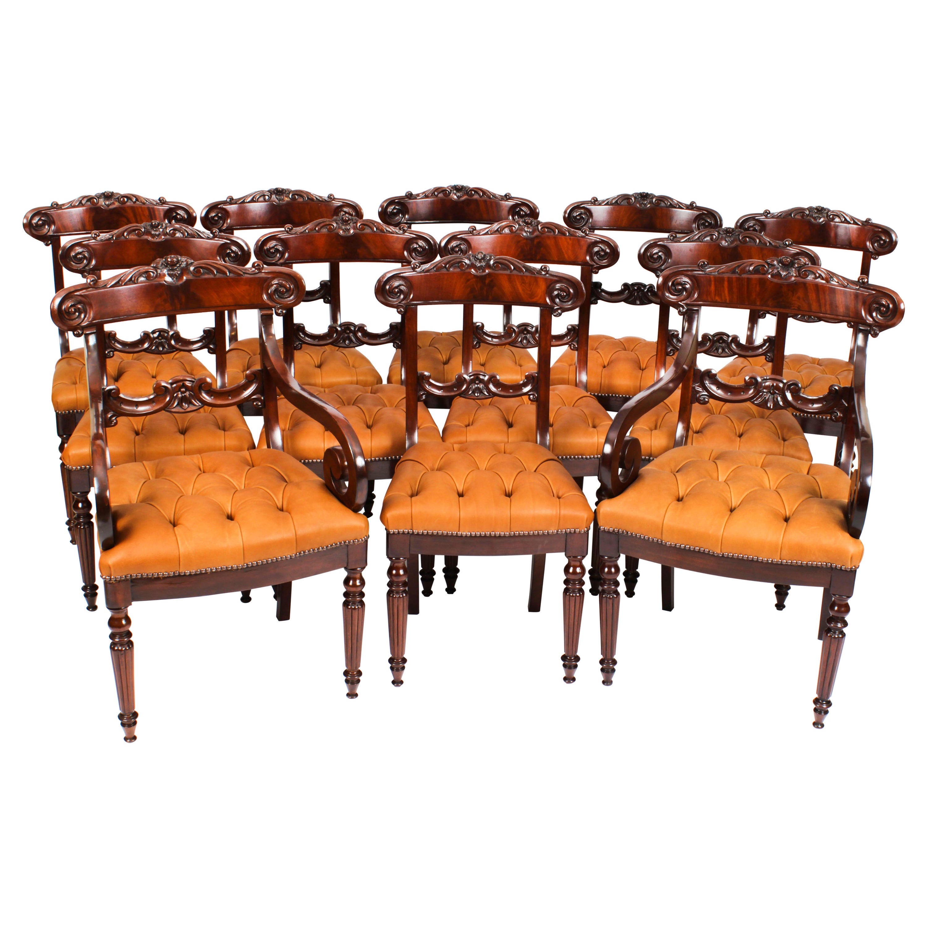 Antique Set 12 Flame Mahogany William IV Dining Chairs 19th Century