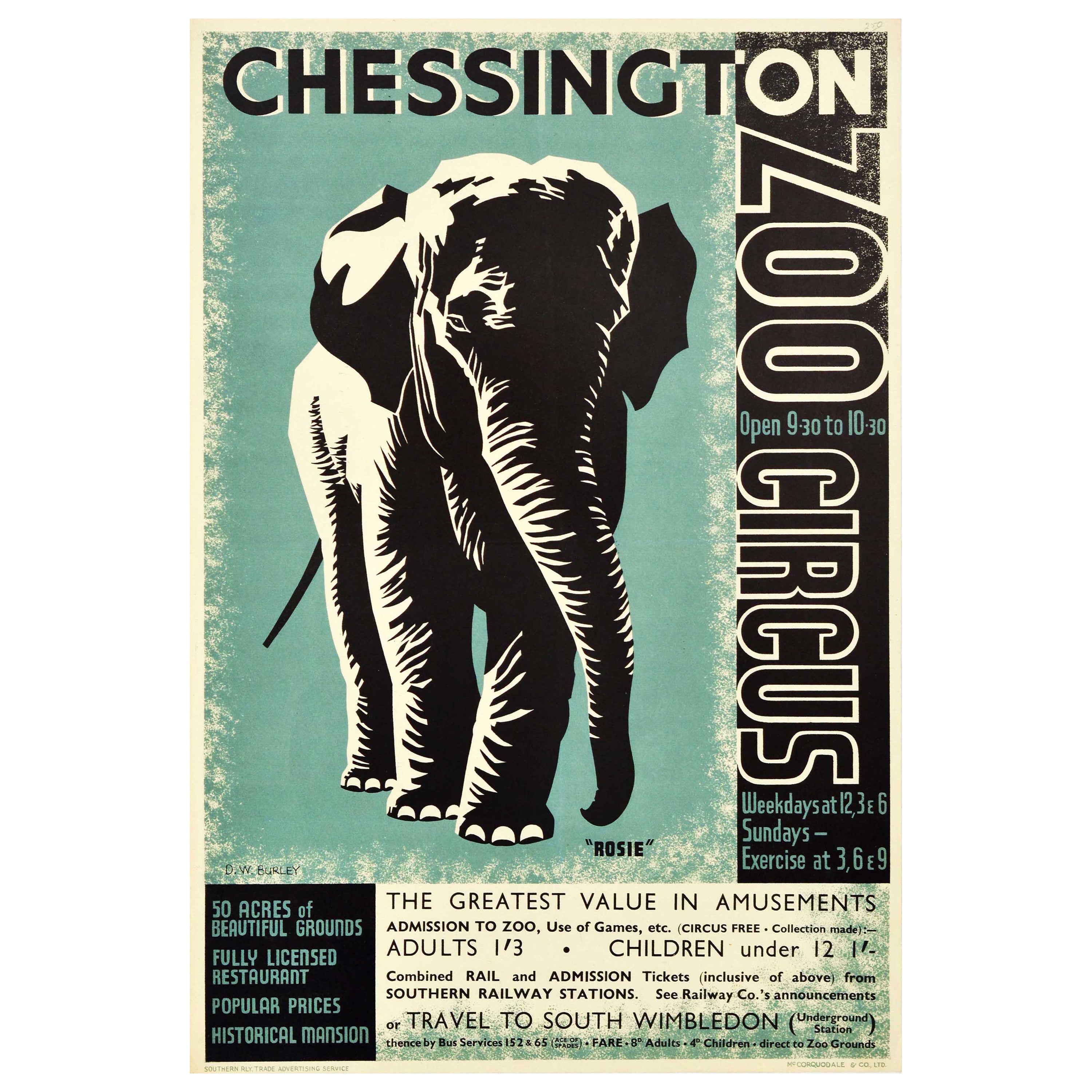 Original Vintage Travel Poster Chessington Zoo Southern Railway Circus Elephant For Sale
