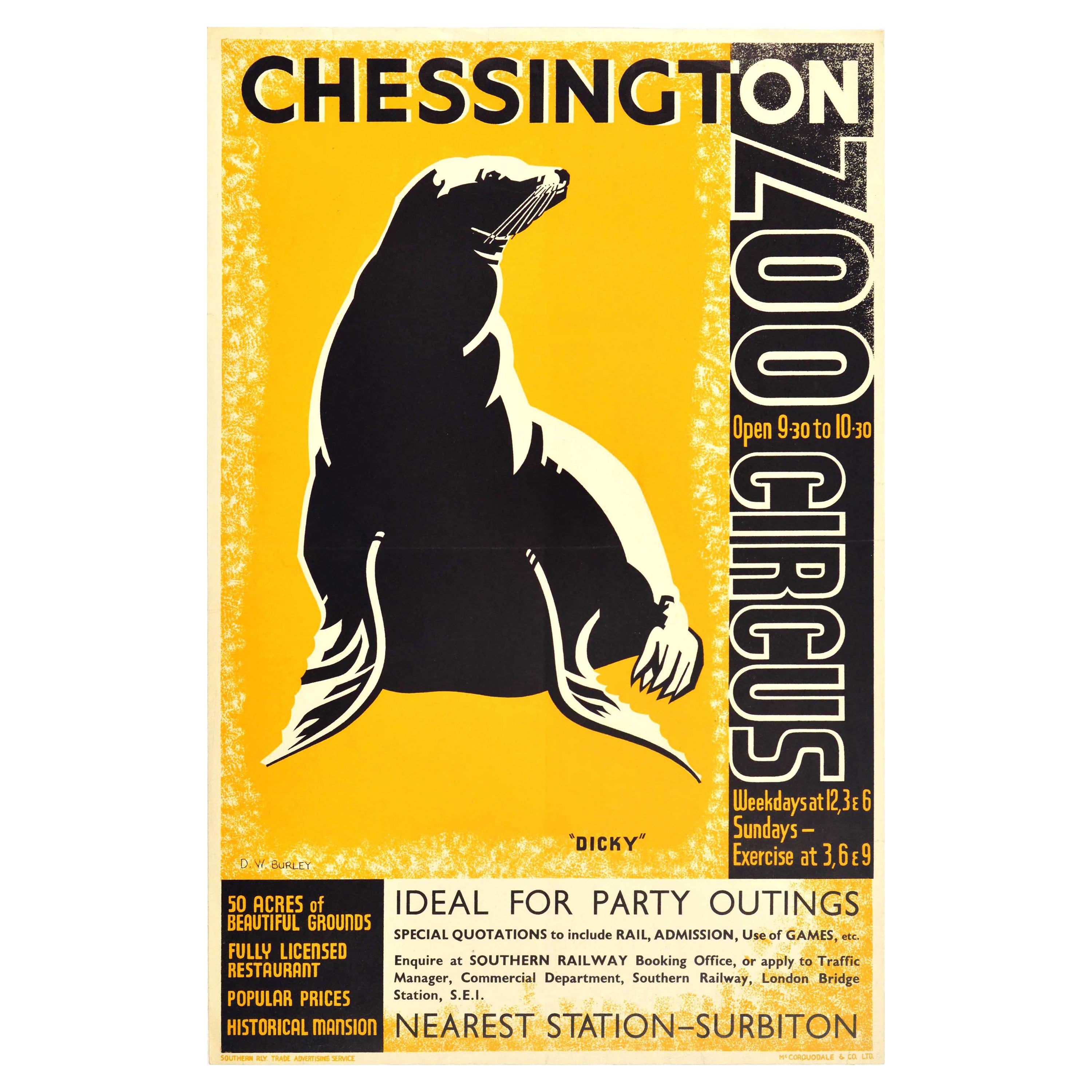 Original Vintage Travel Poster Chessington Zoo Southern Railway Circus Seal Art For Sale