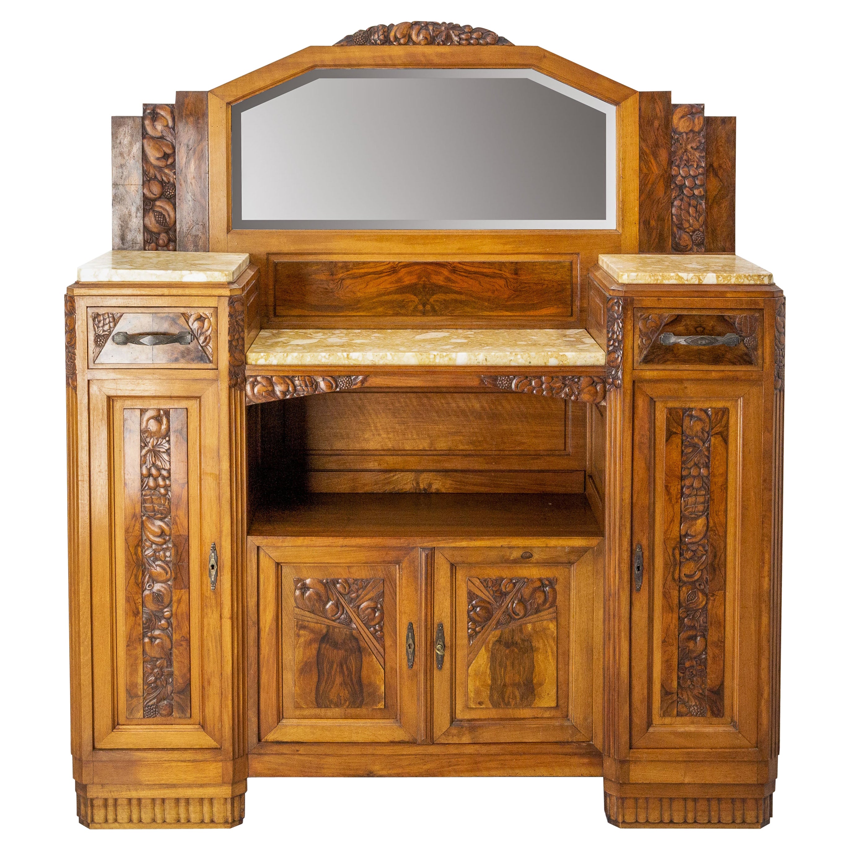 Art Deco Buffet Credenza Cabinet Walnut Marble with Mirror, France, circa 1930 For Sale