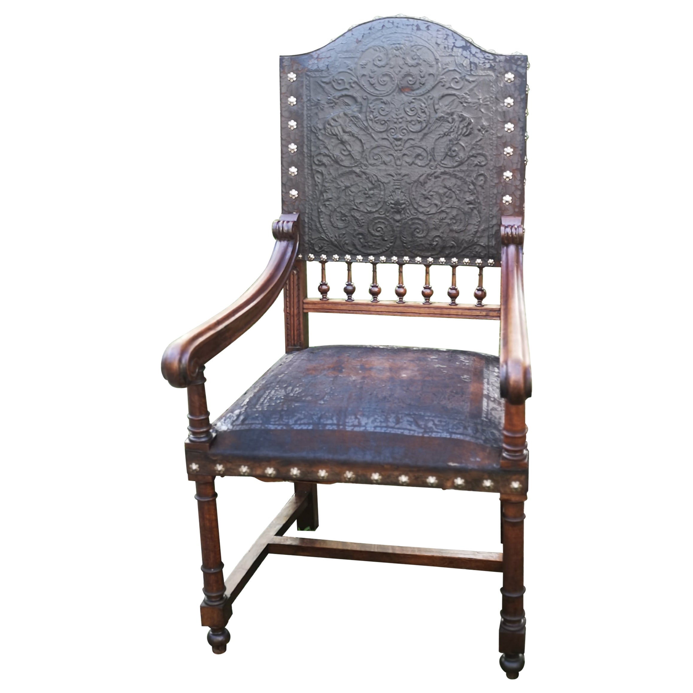 19th Century, French, Leather Throne Chair