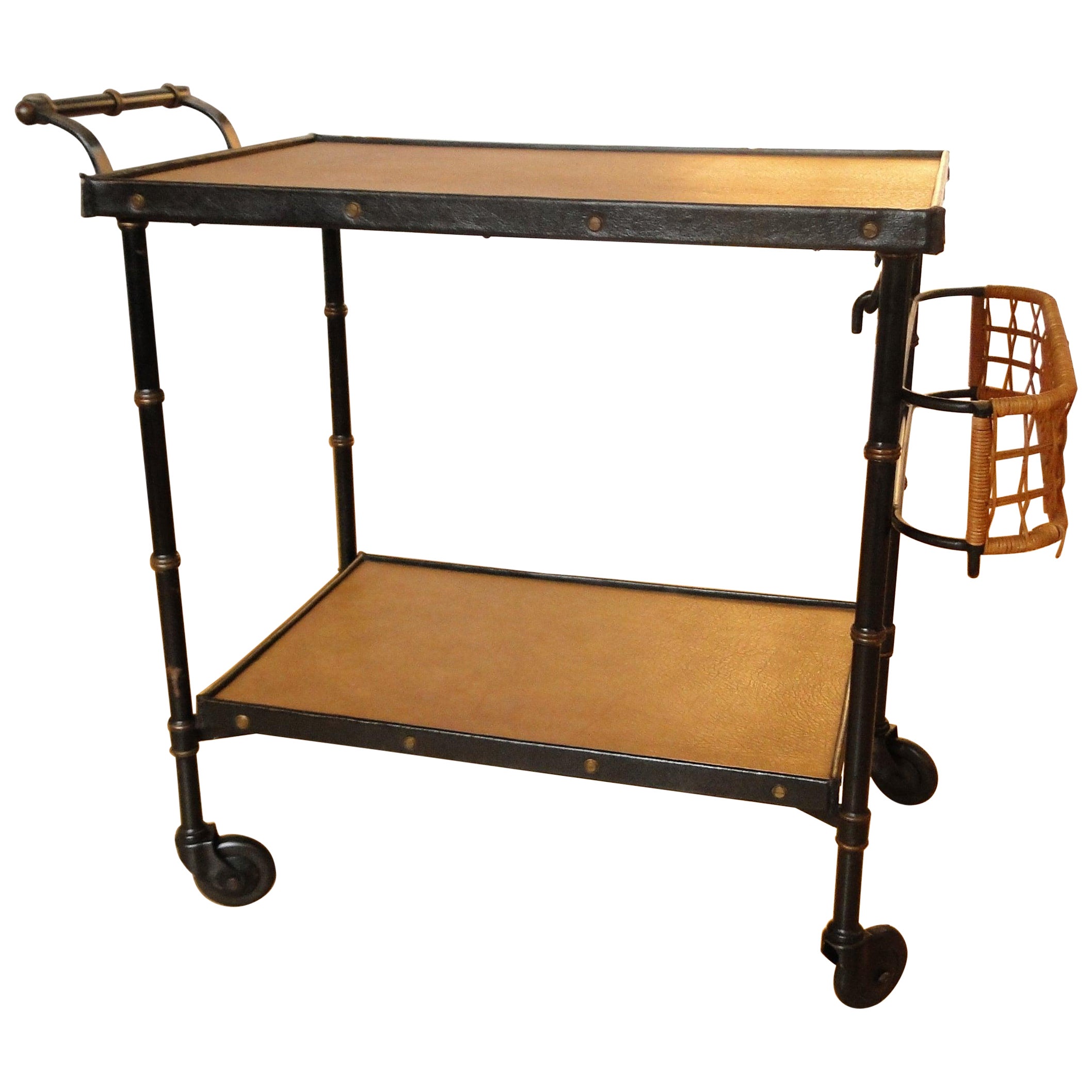 Jacques Adnet Piel cosida negra  Mesa carrito de bar de mimbre