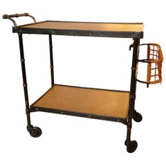 Jacques Adnet Black Stitched Leather  Wicker Bar Cart Trolley Table