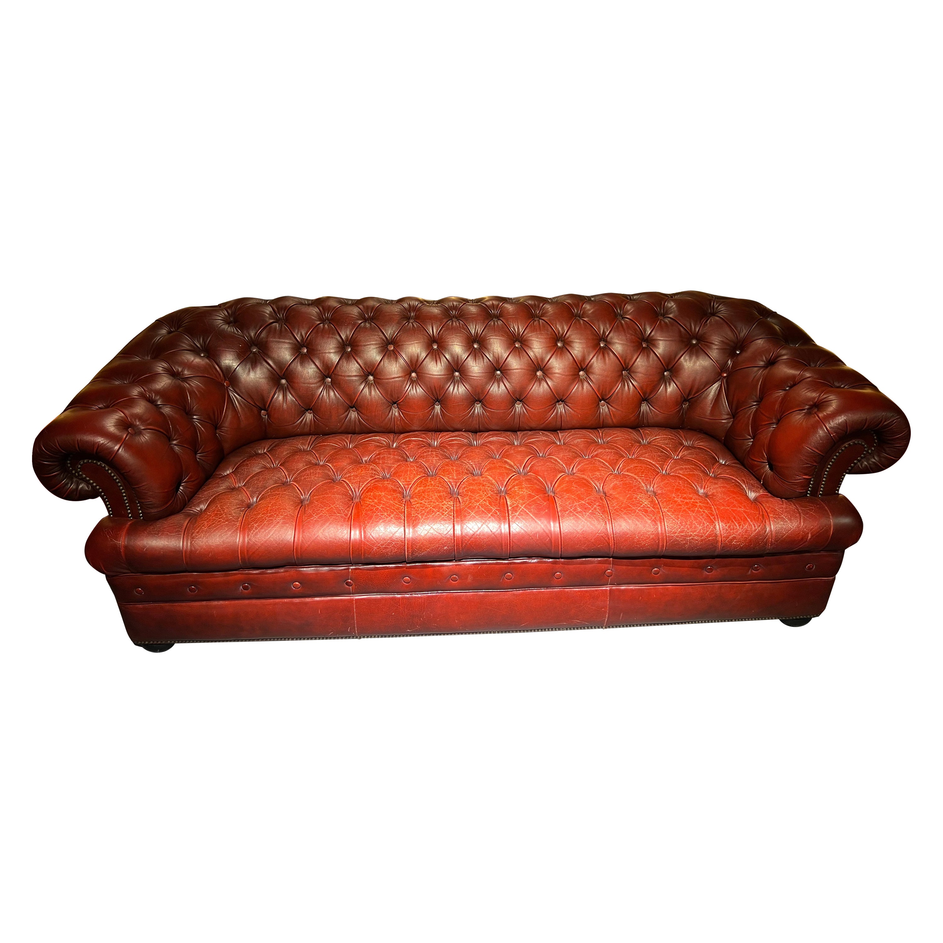 Stunning Vintage English Red Leather Chesterfield 3 Seater Sofa For Sale