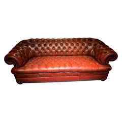 Stunning Vintage English Red Leather Chesterfield 3 Seater Sofa