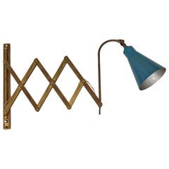 Vintage Italian Wall Scissor Lamp in Brass and Blue Shade
