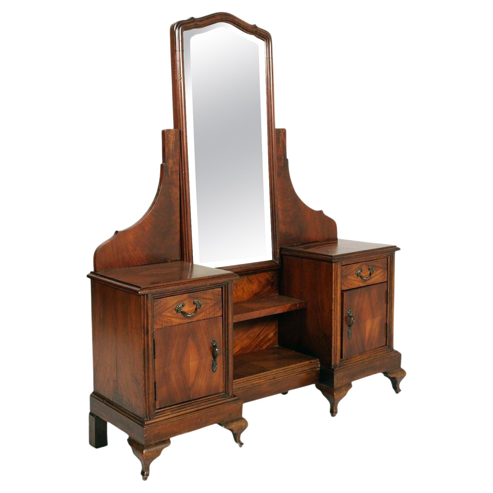 Early 20th C. Italian Art Nouveau Vanity in Walnut, Entry Mirror, Wax Polished
