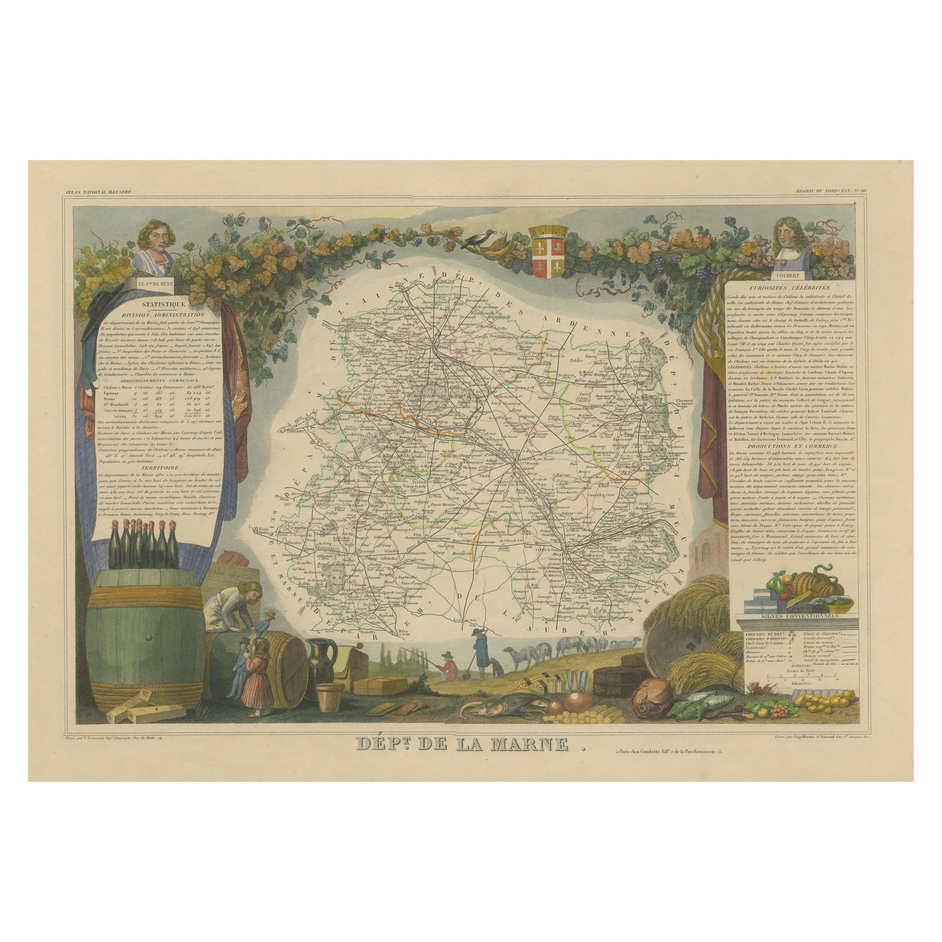 Hand Colored Antique Map of the Department of Marne, France For Sale