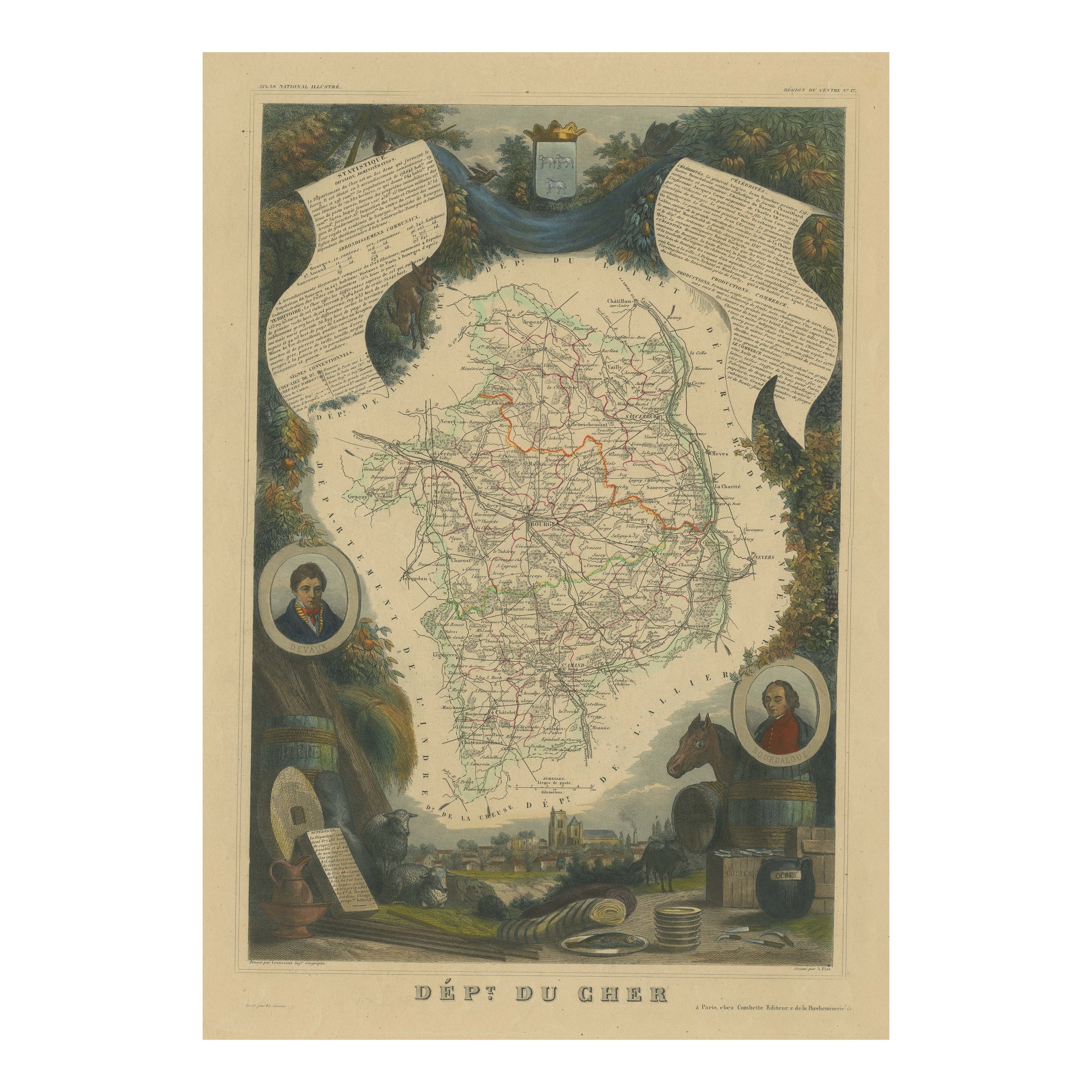 Hand Colored Antique Map of the Department of Cher, France For Sale