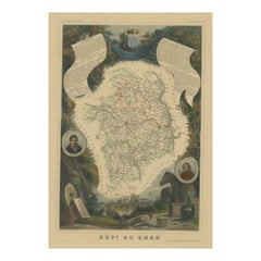 Mapa Antiguo Coloreado a Mano del Departamento de Cher, Francia