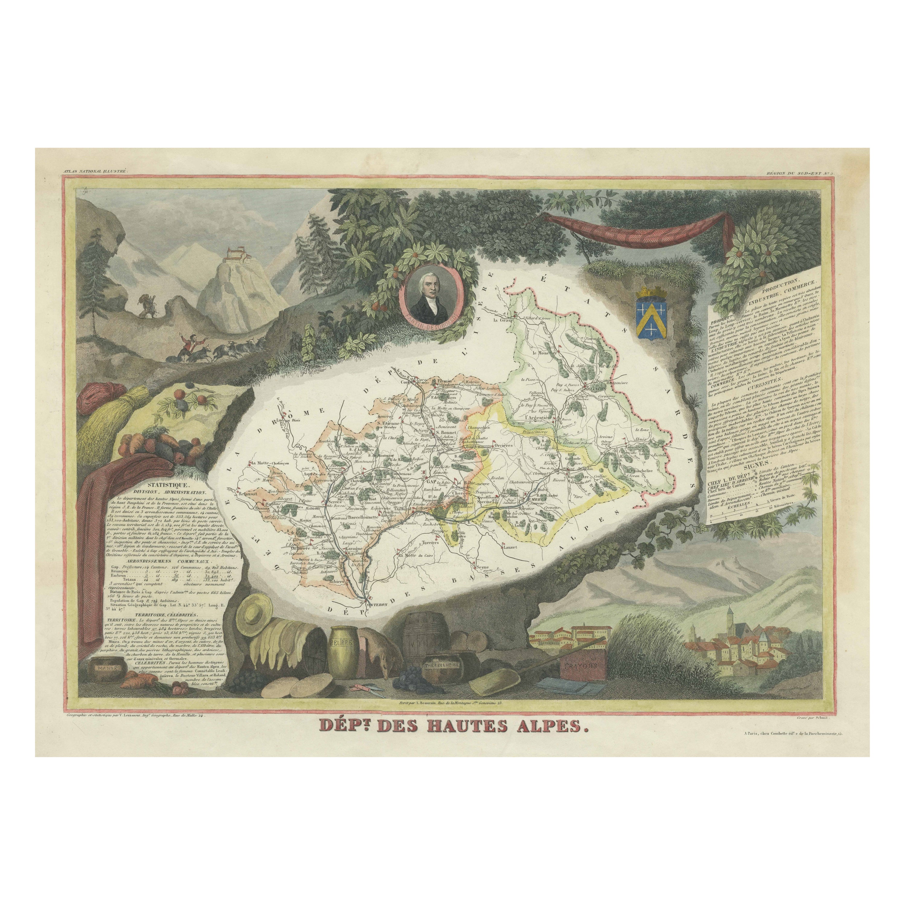 Hand Colored Antique Map of the department of Hautes Alpes, France For Sale