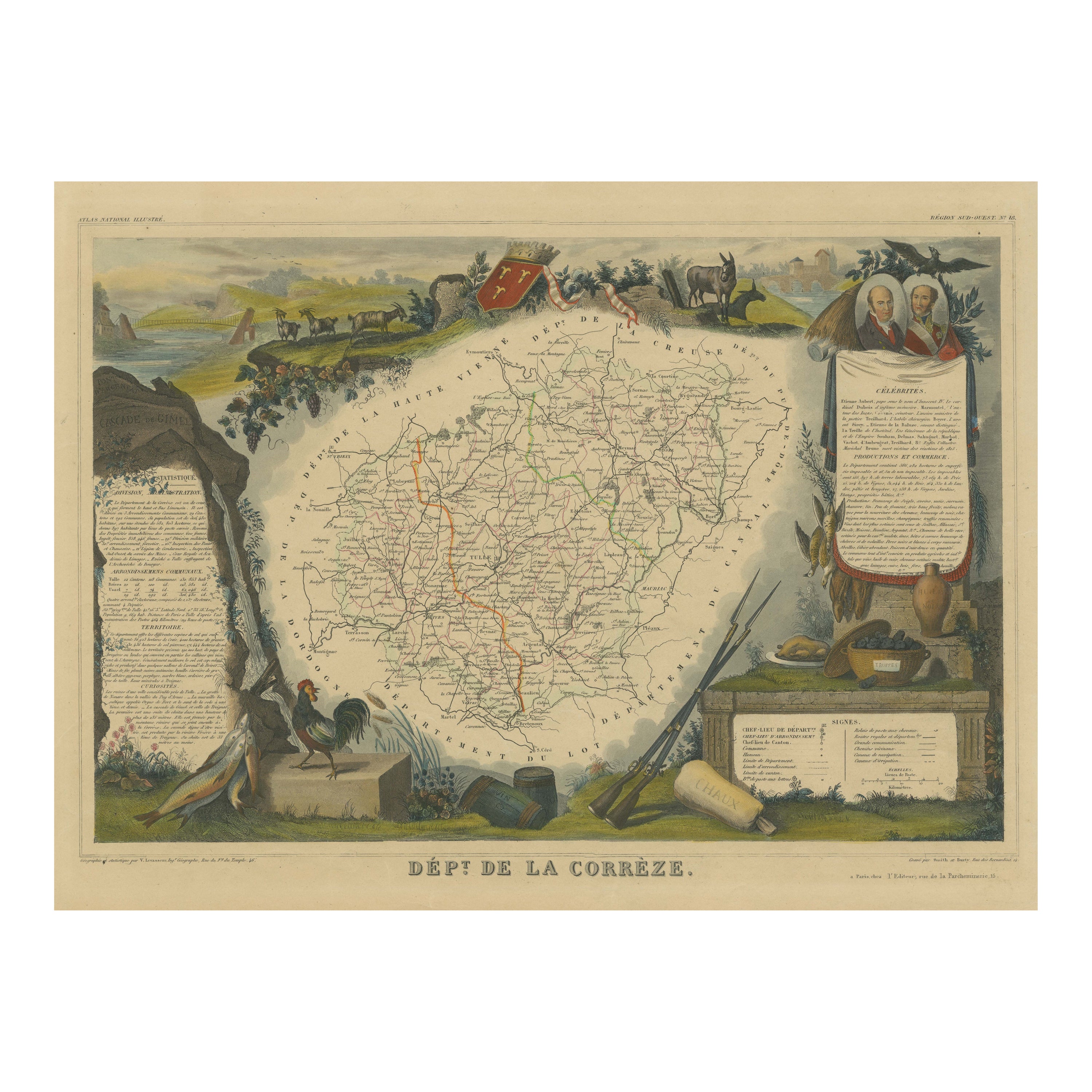 Hand Colored Antique Map of the Department of Correze, France For Sale