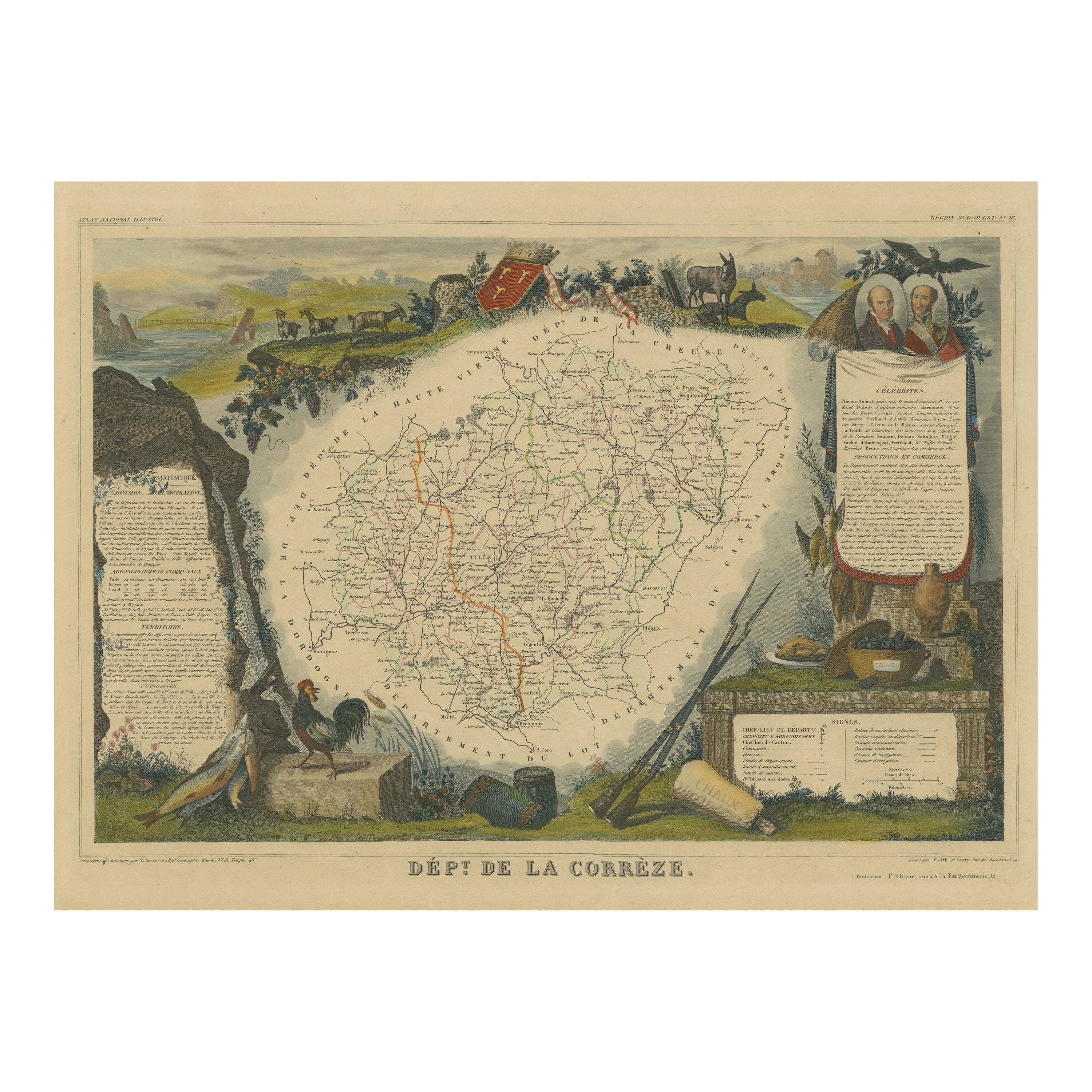 Carte ancienne, colorée à la main, du département de la Corrèze, France en vente