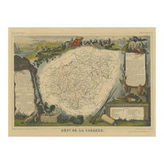 Mapa Antiguo Coloreado a Mano del Departamento de Correze, Francia