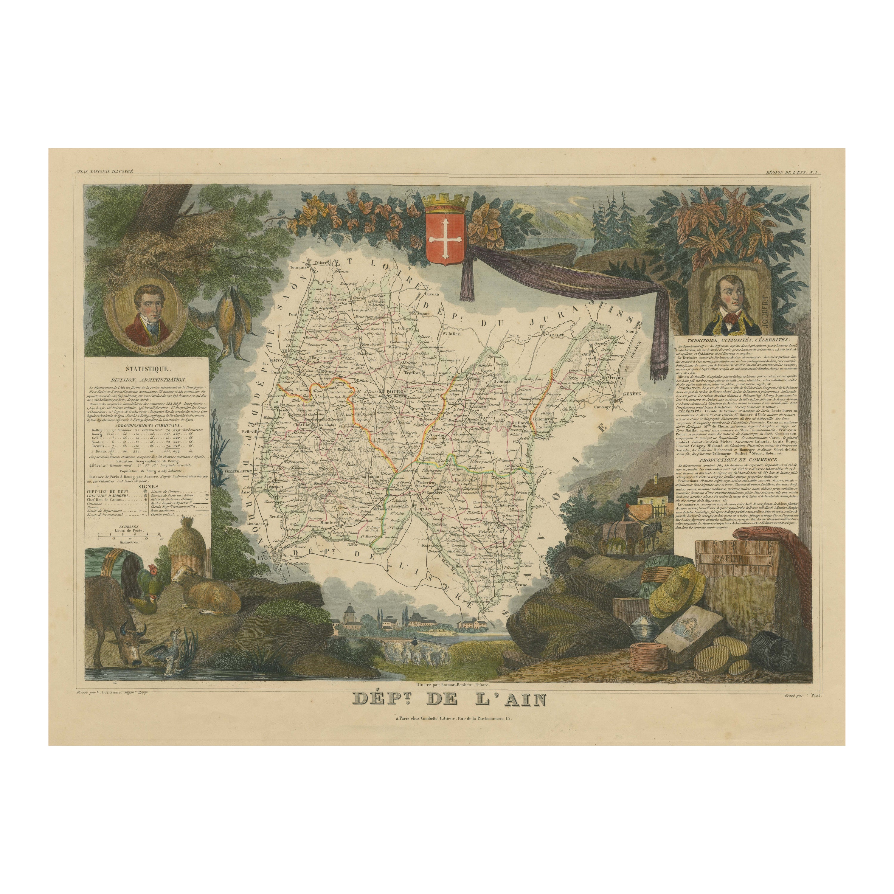 Hand Colored Antique Map of the Department of L'ain, France For Sale