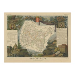 Mapa Antiguo Coloreado a Mano del Departamento de L'ain, Francia
