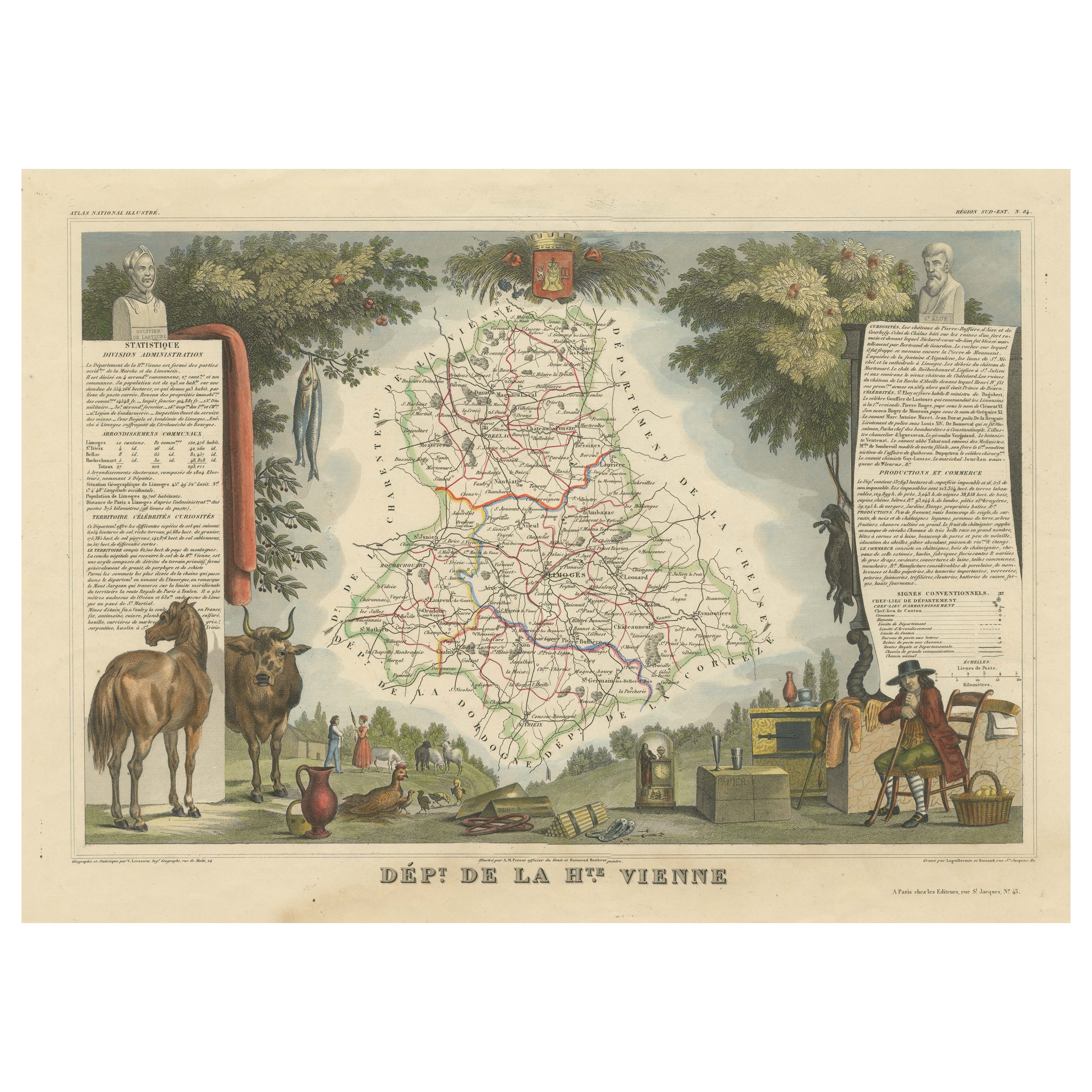 Mapa Antiguo Coloreado a Mano del Departamento de Haute-Vienne, Francia en venta
