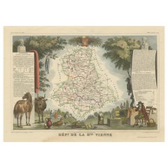 Mapa Antiguo Coloreado a Mano del Departamento de Haute-Vienne, Francia