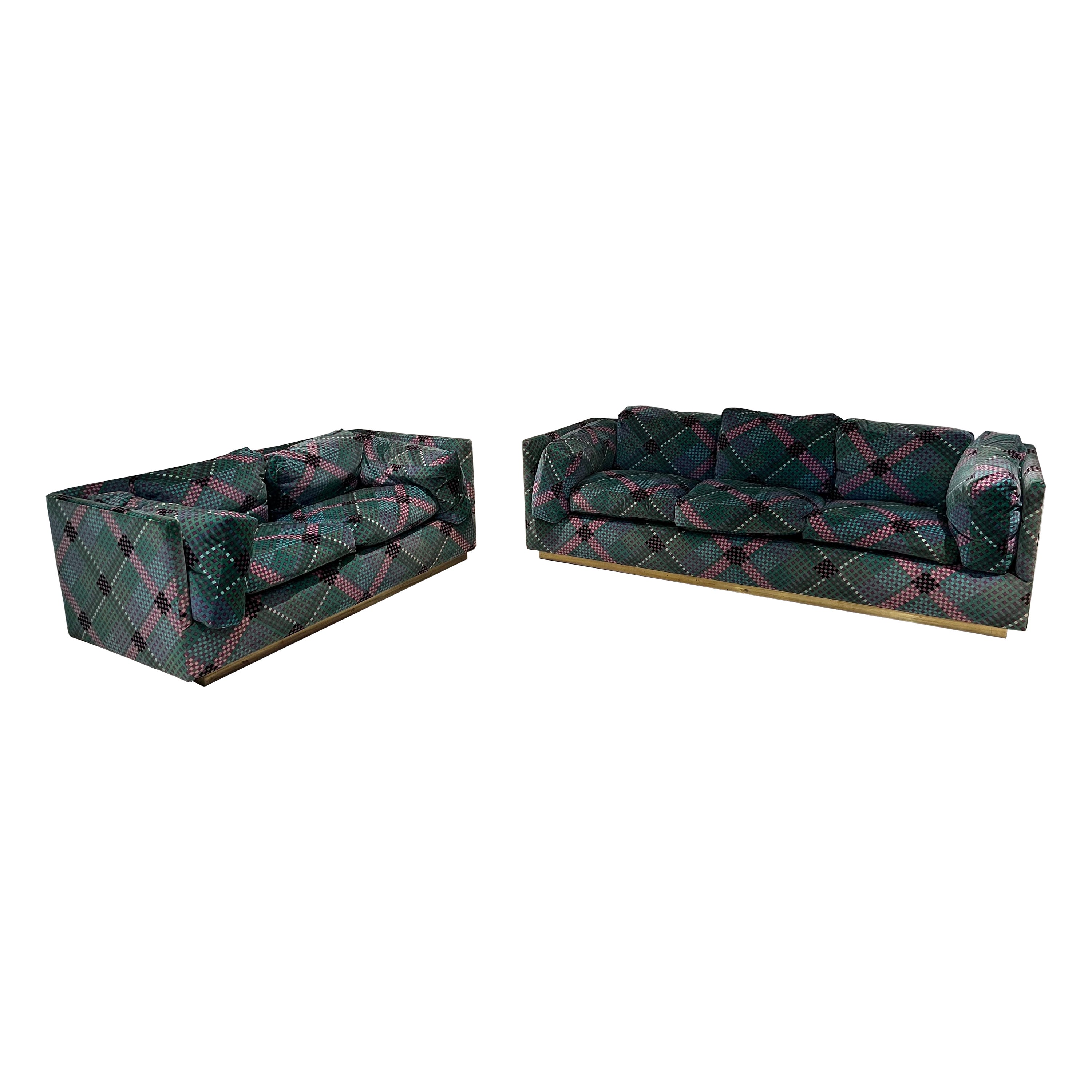 Pair of Sofa’ by Ken Scott Brass and Optical Velvet Signed  For Sale