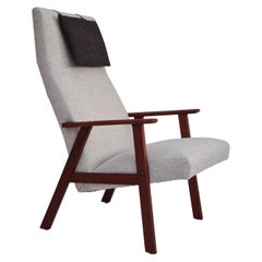 70s, Danish high-backed armchair, teak wood, reupholstered