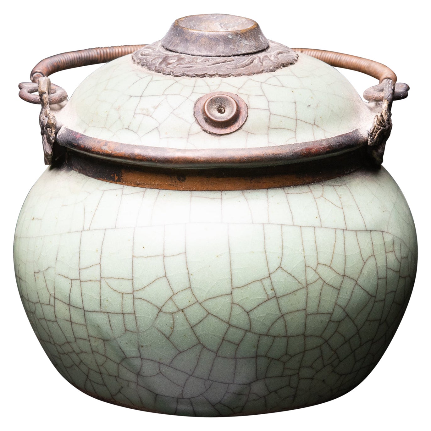 Green Crackled Porcelain Table Water Pipe with Metal Strapping from Vietnam For Sale