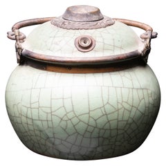 Green Crackled Porcelain Table Water Pipe with Metal Strapping from Vietnam