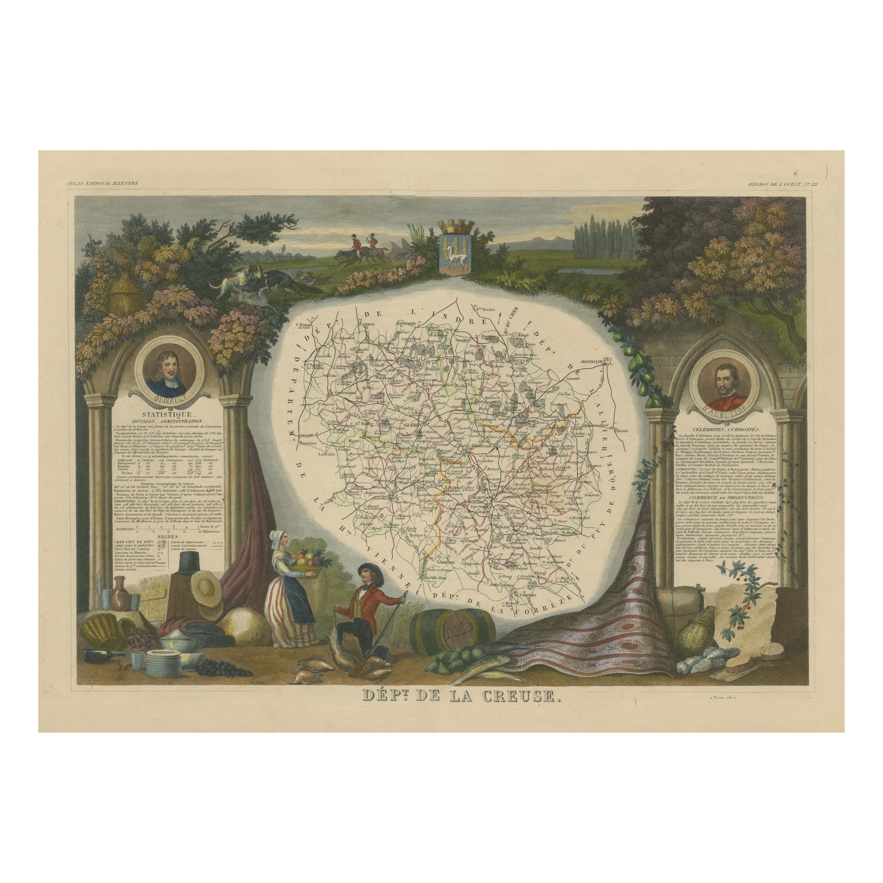 Mapa Antiguo Coloreado a Mano del Departamento de Creuse, Francia
